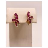 PRINCESS CUT RUBY CLIP ON EARRING SET IN 14K GOLD