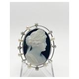 BROOCH IMPRESSIVE AGATE CAMEO W/ 6 DIAMONDS AND 6