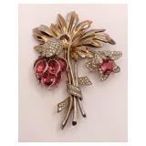 STERLING FLOWER PIN W/ RHINESTONES 3.5" L X 2.5"