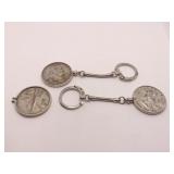 2 KEY CHAIN COINS 1942, 1952, 1963 ONE W/ OUT