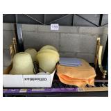 VARIOUS LIGHT FIXTURES, BRASS & WOOD SHELF, ETC.