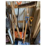 ASSORTED BROOMS, SHOVELS, PICK, RAKE, ETC.