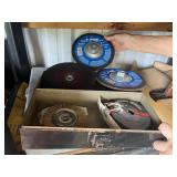 WOOD PLANES, NETAL BOX OF GRINDING WHEELS, ETC.