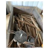 WOOD BOX WITH TRIMMER HEADS, CHISELS, ANTENNA,