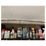 SHELF INCLUDING CAR WAX, MARVEL AIR TOOL OIL,