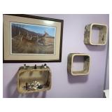 3 FAUX WOOD SHELVES AND MINIATURE DUCKS, PRINT