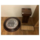 BEAR BATTERY OP CLOCK, TRAY, WOOD LIFT TOP BIN