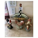 ROOSTER HANDLE BASKET AND THREE ROOSTERS