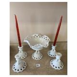 MILK GLASS PEDESTAL CENTER PIECE BOWL, 4 CANDLE