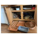 COPPER SHELF LOAF PAN, SPRING PAN, PYREX BOWLS