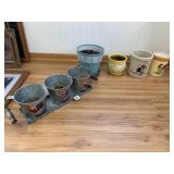 GALVANIZED TRAY W/ 3 ROOSTER PLANTERS, AND OTHER