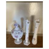 WESTMORELAND 2 BUD VASES AND COVERED CANDY DISH