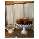 MILK GLASS CENTER PC. BOWL W/ FRUIT AND RUFFLE