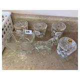 GLASS DONKEY CART AND 4 CONDIMENT HOLDERS