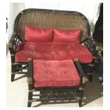 CANED BACK SETTEE AND OTTOMAN W/ RED CUSHION