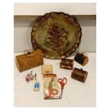 WOOD TRAY, SMALL LOCKING BOXES, SCISSORS, ETC.