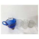 BLUE FOOTED CUP AND 3 TOOTHPICK HOLDERS