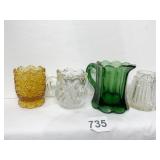 GREEN ANTIQUE CREAMER, AMBER TOOTHPICK HOLDER,