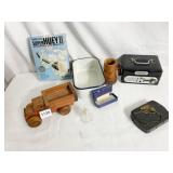 METAL BOX, WOOD VASE, PORCELAIN PAN, SUPER HUEY