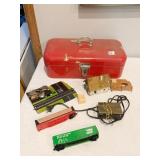 RED PORCELAIN CASE AND 2 TRAIN CARS AND TYCO