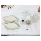 TWO LENOX LEAF DISHES, SALT & PAPER, & TWO GLASS