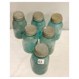 6 BLUE CANNING JARS GLASS ZINC LIDS