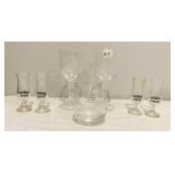 SHOT GLASSES, WINE GLASS  AND 2 ETCHED GLASSES