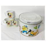 DISNEY TIN AND 3 MICKEY MOUSE CUPS