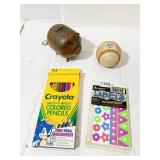 BASEBALL, CRAYOLA COLORED PENCILS, PIGGY BANK