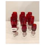 9 RUBY GLASS WITH CLEAR STEM WINE GLASSES, 3