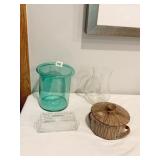 HAND THROWN CROCK WITH BROKEN LID, GLASS PITCHER,