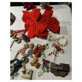 2 ELVES, VINTAGE BEADS W/ BELLS, SM. BOTTLE BRUSH