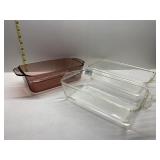 THREE LOAF GLASS PANS FIRE KING AND PYREX