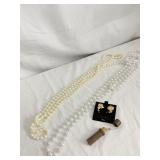 ANTIQUE WOOD NEEDLE HOLDER, FLAPPER STYLE PEARLS,