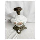 ANTIQUE MILK GLASS LAMP ROSE DESIGN 13" H