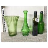 GREEN VASE & BOTTLES WITH STOPPERS