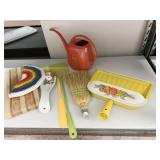 VINTAGE DUSTPAN, BRUSH, WATER CAN, CUTTING BOARD,