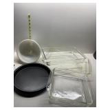 PYREX AND OTHER BAKING PANS, JUICER ATTACHMENT