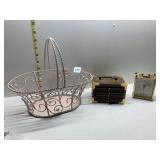 PINK METAL BASKET W/ BEADS, BELWOOD CLOCK AND