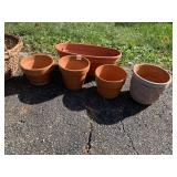 CLAY POTS, 1 PLASTIC PLANTER, LARGE BASKET