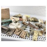 WOODEN CRATE, HINGES, SMALL PULLEYS, ETC.