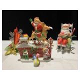VINTAGE PLASTIC GROUP SANTA W/ ROCKER, FIREPLACE
