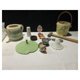 SAILBOAT TEAPOT NO LID, HAMMER, CANDLE STICK ETC.