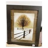 TREE/FENCE SCENE FRAMED UNDER GLASS