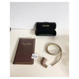 CARVED PIPE, TRIP BOOK, GLASS CASE