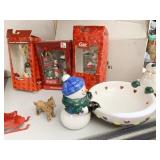 COKE AND OTHER ORNAMENTS, SANTA/SNOWMAN DISH