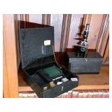 CAST MICROSCOPE IN WOOD BOX, MATCHING WOOD BOX