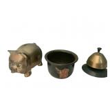 BRASS PIGGY BANK AND BELL TOP BOX W/ SPINNING