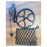 CAST IRON SEWING MACHINE PARTS AND TWO WOOD