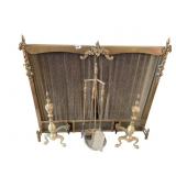 BRASS FIREPLACE SET W/ SCREEN ANDIRONS AND TOOL